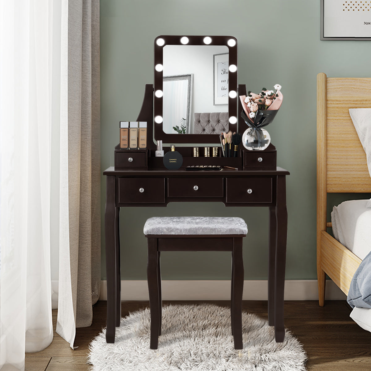 Topbuy Detachable Vanity Table Set Makeup Table with Mirror &Cushioned Stool Black/Brown/White