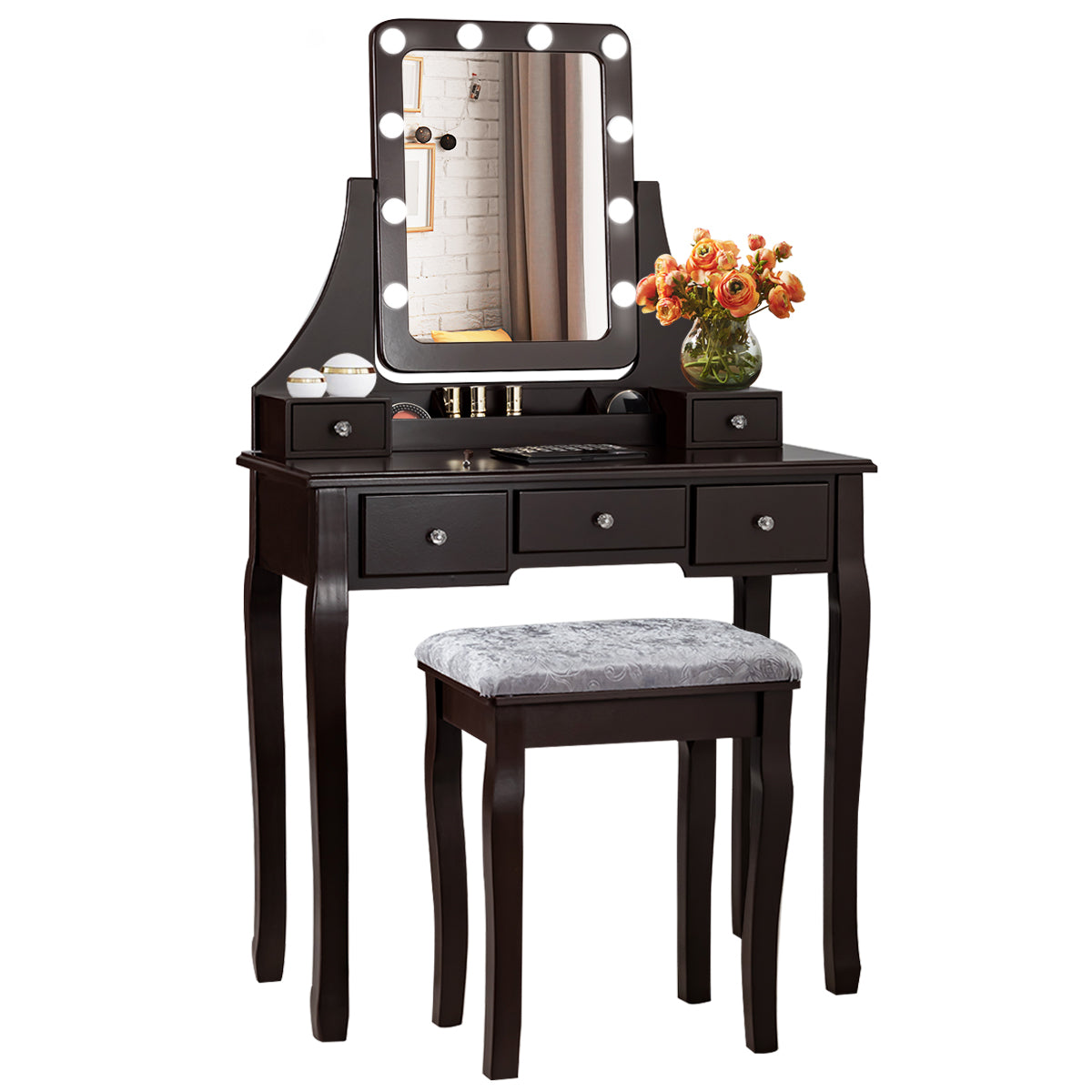 Topbuy Detachable Vanity Table Set Makeup Table with Mirror &Cushioned Stool Black/Brown/White