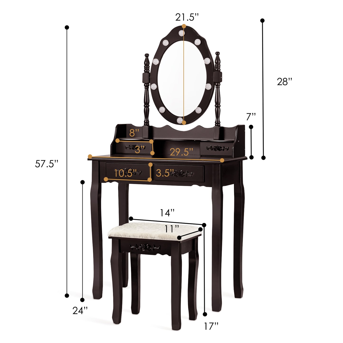 Topbuy Vanity Table Set Detachable Makeup Table Dressing Desk with Mirror & Cushioned Stool Black/Brown/White