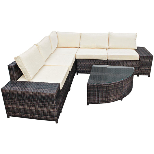 Patiojoy 6-Piece Outdoor Rattan Conversation Set Sectional Sofa Set with Arc-Shaped Table White/Turquoise