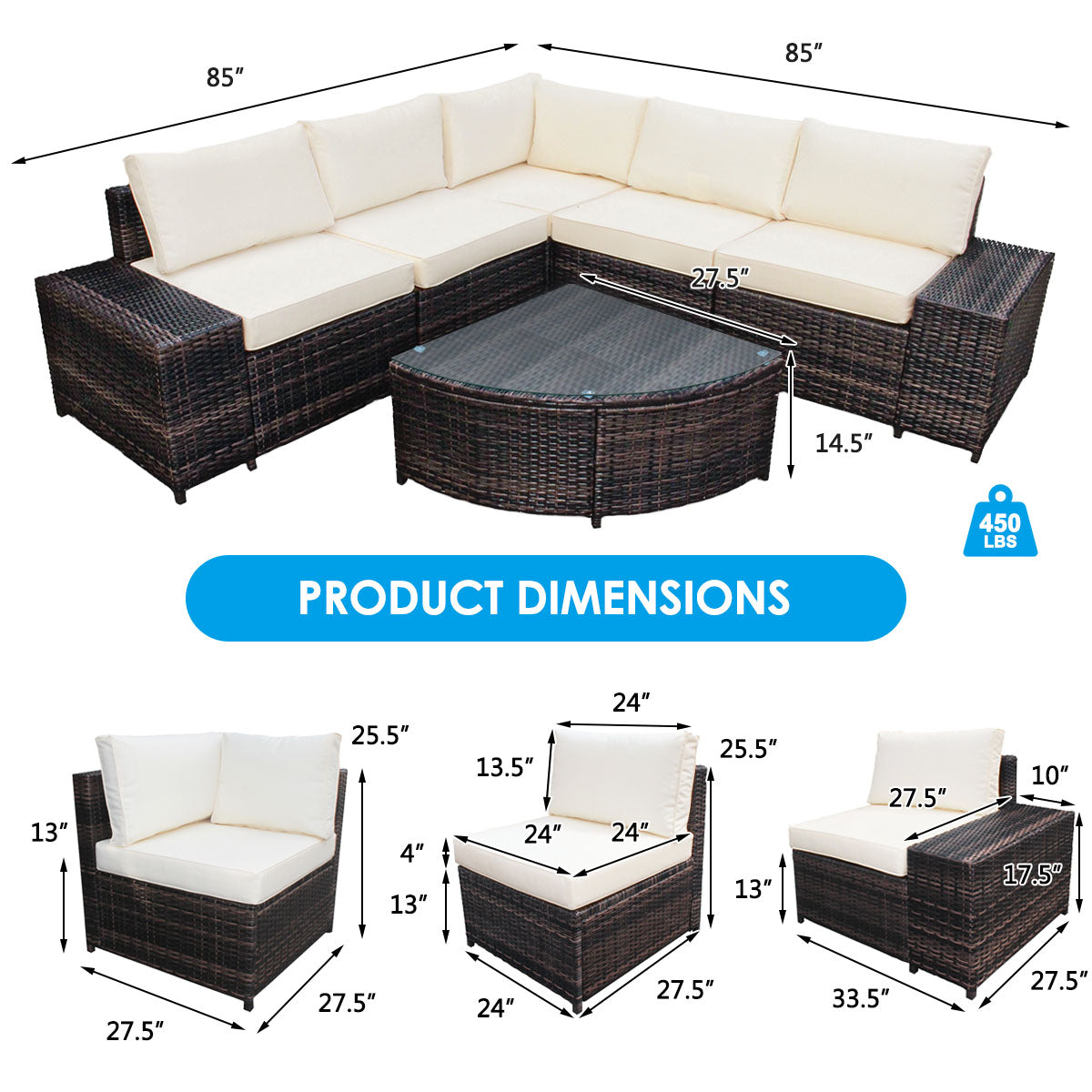 Patiojoy 6-Piece Outdoor Rattan Conversation Set Sectional Sofa Set with Arc-Shaped Table White/Turquoise