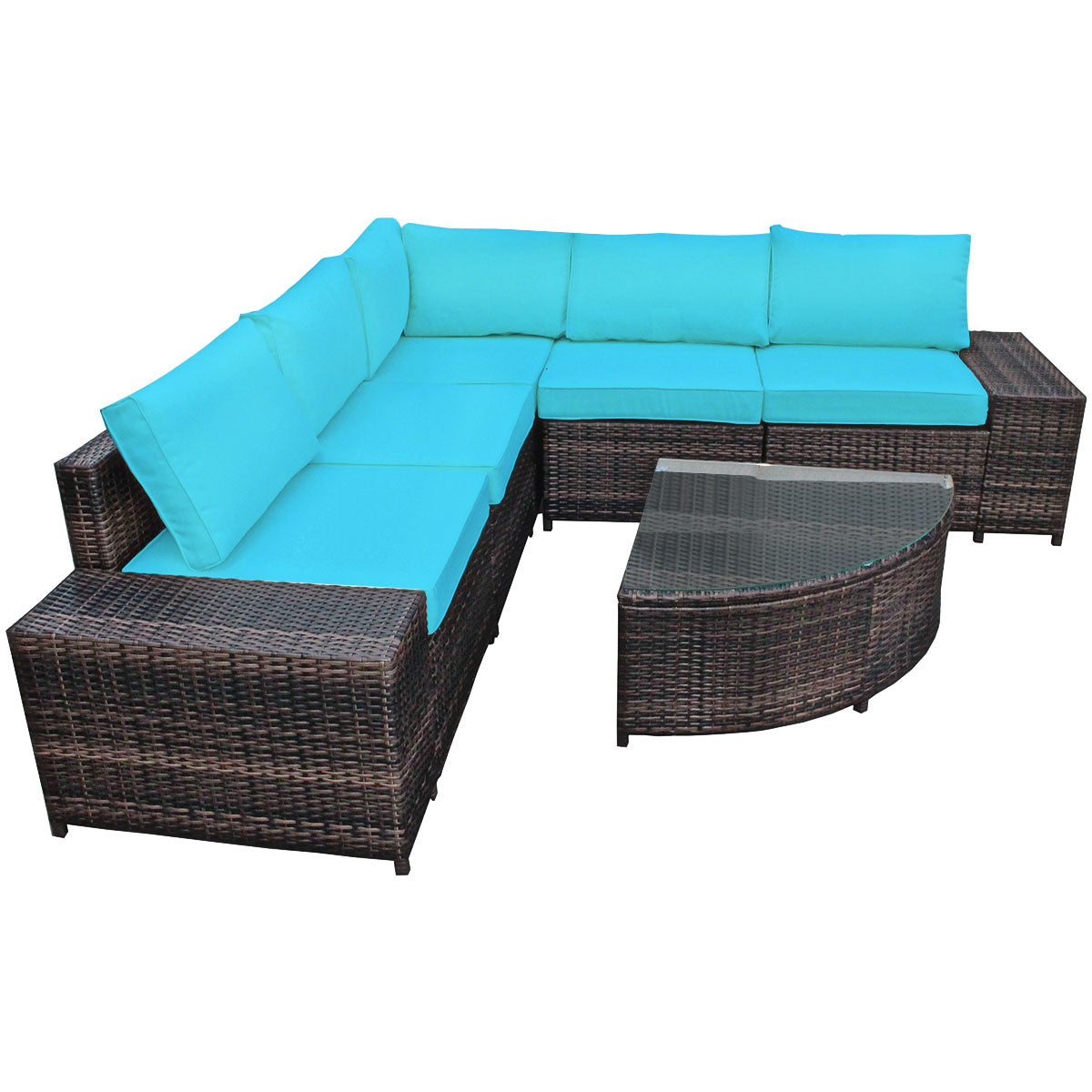 Patiojoy 6-Piece Outdoor Rattan Conversation Set Sectional Sofa Set with Arc-Shaped Table White/Turquoise