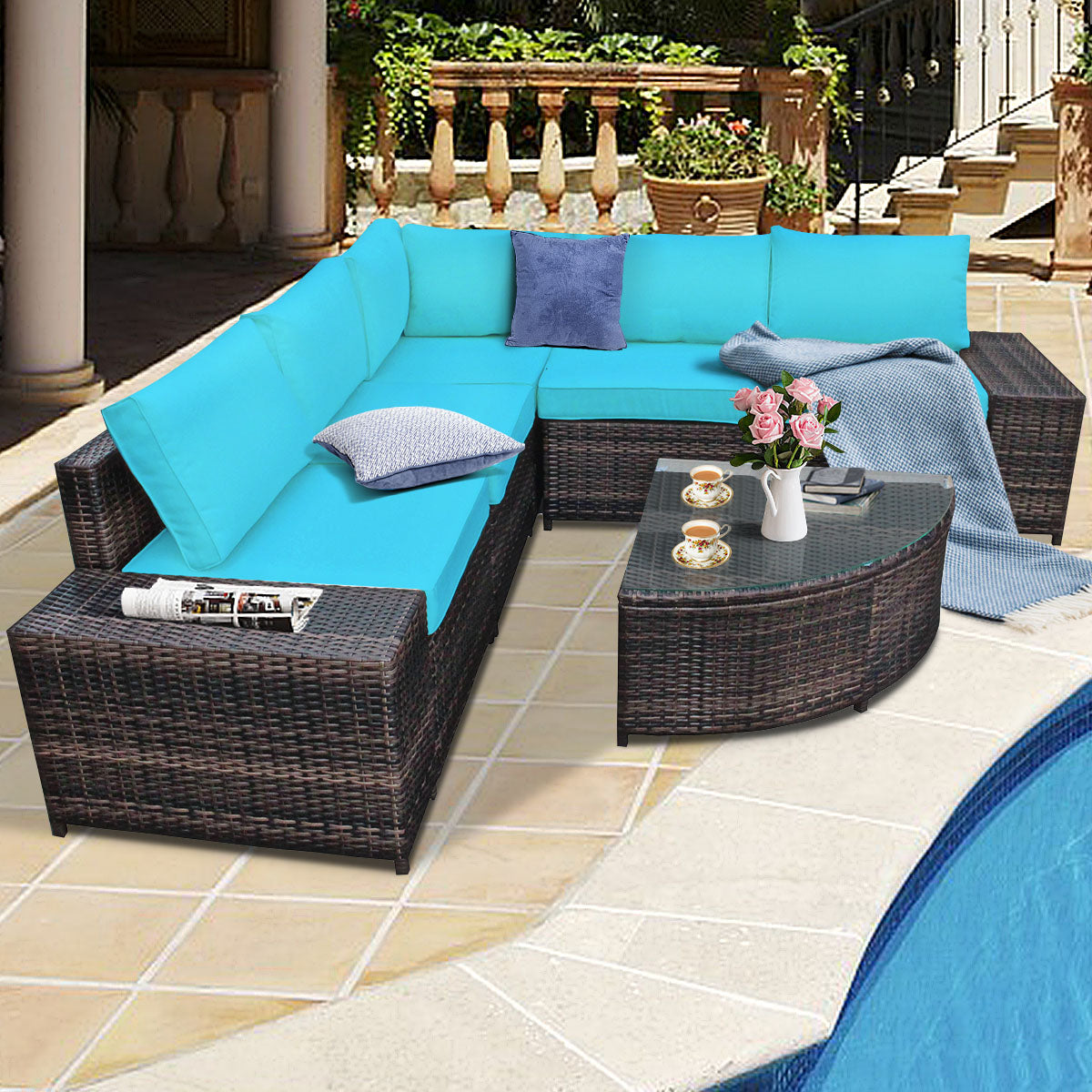 Patiojoy 6-Piece Outdoor Rattan Conversation Set Sectional Sofa Set with Arc-Shaped Table White/Turquoise