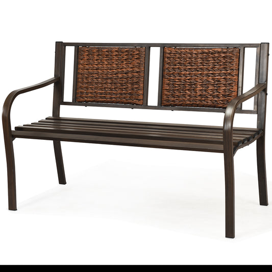 Patiojoy Patio Garden Bench Rattan Backrest Park Bench Heavy-Duty Metal Chair Seat