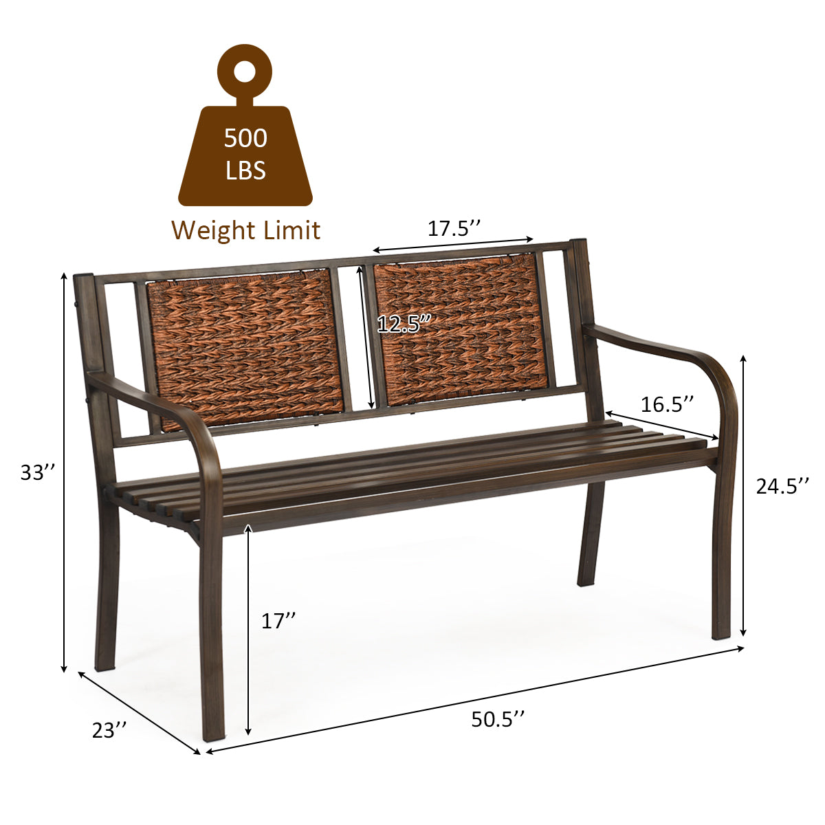 Patiojoy Patio Garden Bench Rattan Backrest Park Bench Heavy-Duty Metal Chair Seat