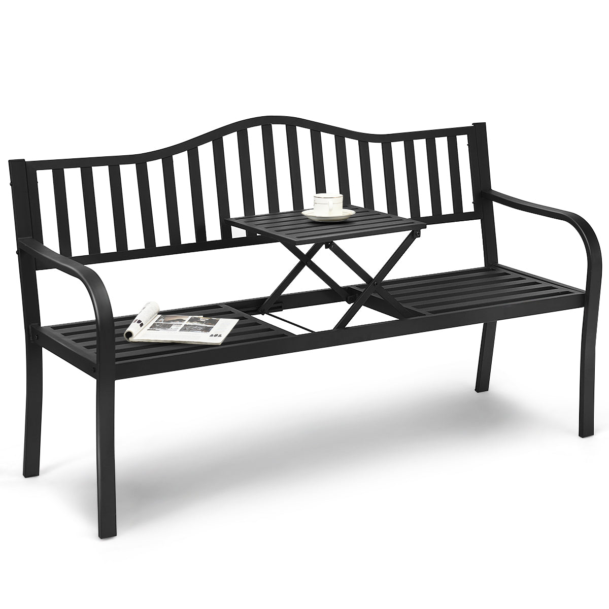 Topbuy Patio Metal Garden Bench Heavy-duty Park Chair Seat with Adjustable Center Table