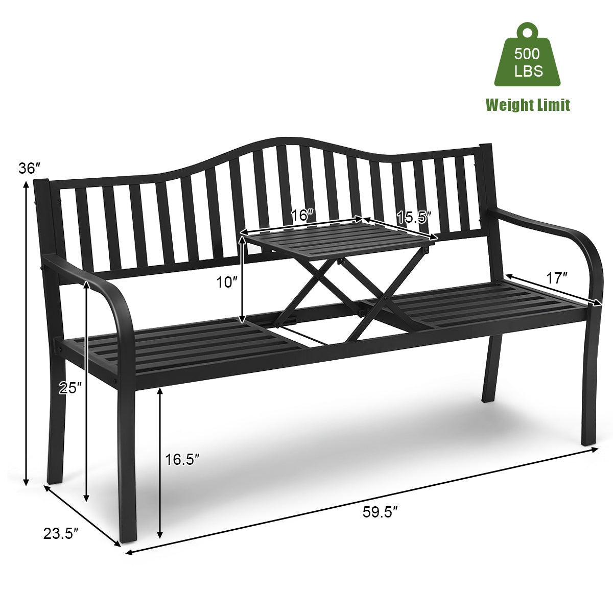 Topbuy Patio Metal Garden Bench Heavy-duty Park Chair Seat with Adjustable Center Table