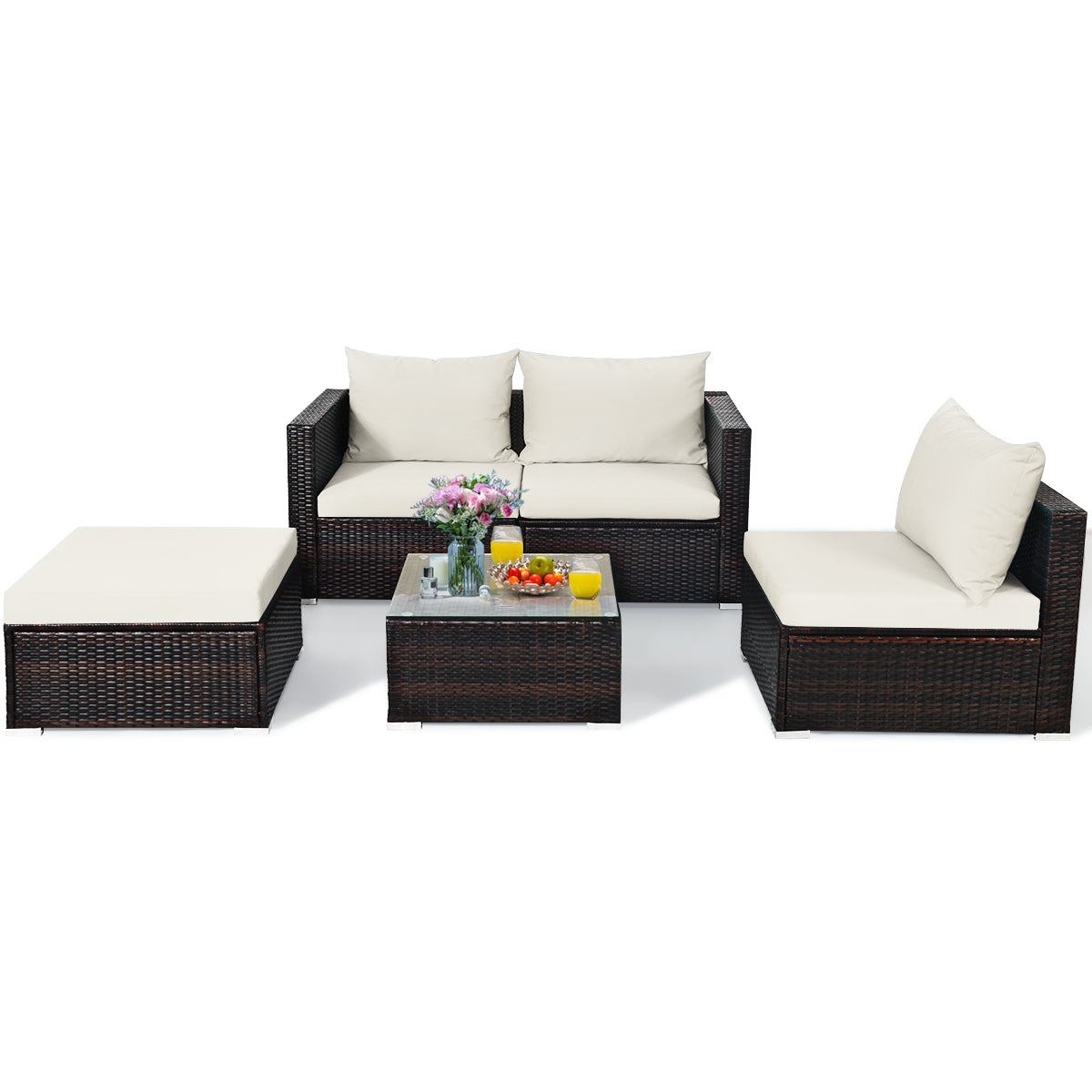 Patiojoy 5-Piece Patio Rattan Conversation Set Ourdoor Sectional Cushioned Sofa with Table