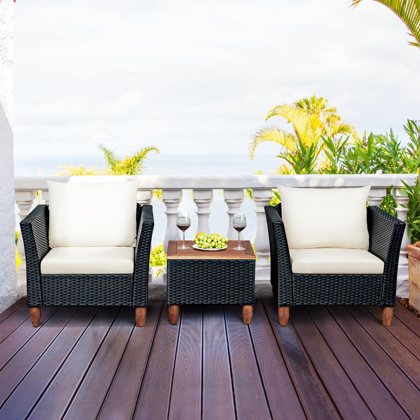 Patiojoy 3-Piece Wicker Patio Furniture Set Outdoor Conversation Set w/ Cushions & Coffee Table