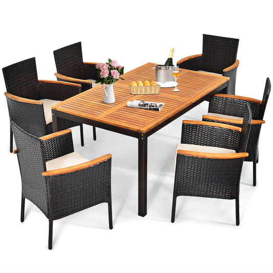 Patiojoy 7-Piece Outdoor Dining Set Patio Rattan Table and Chairs Set with Umbrella Hole