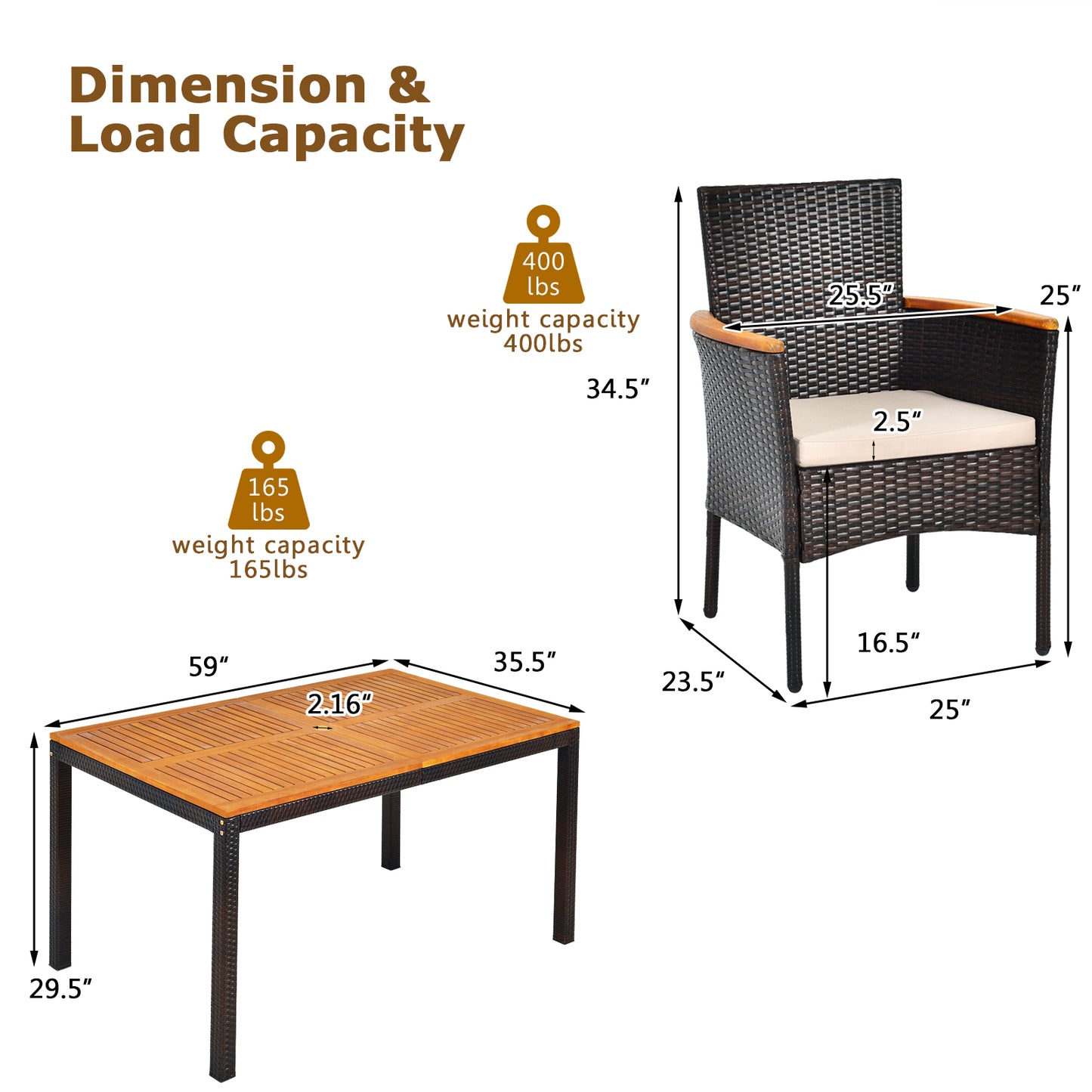 Patiojoy 7-Piece Outdoor Dining Set Patio Rattan Table and Chairs Set with Umbrella Hole