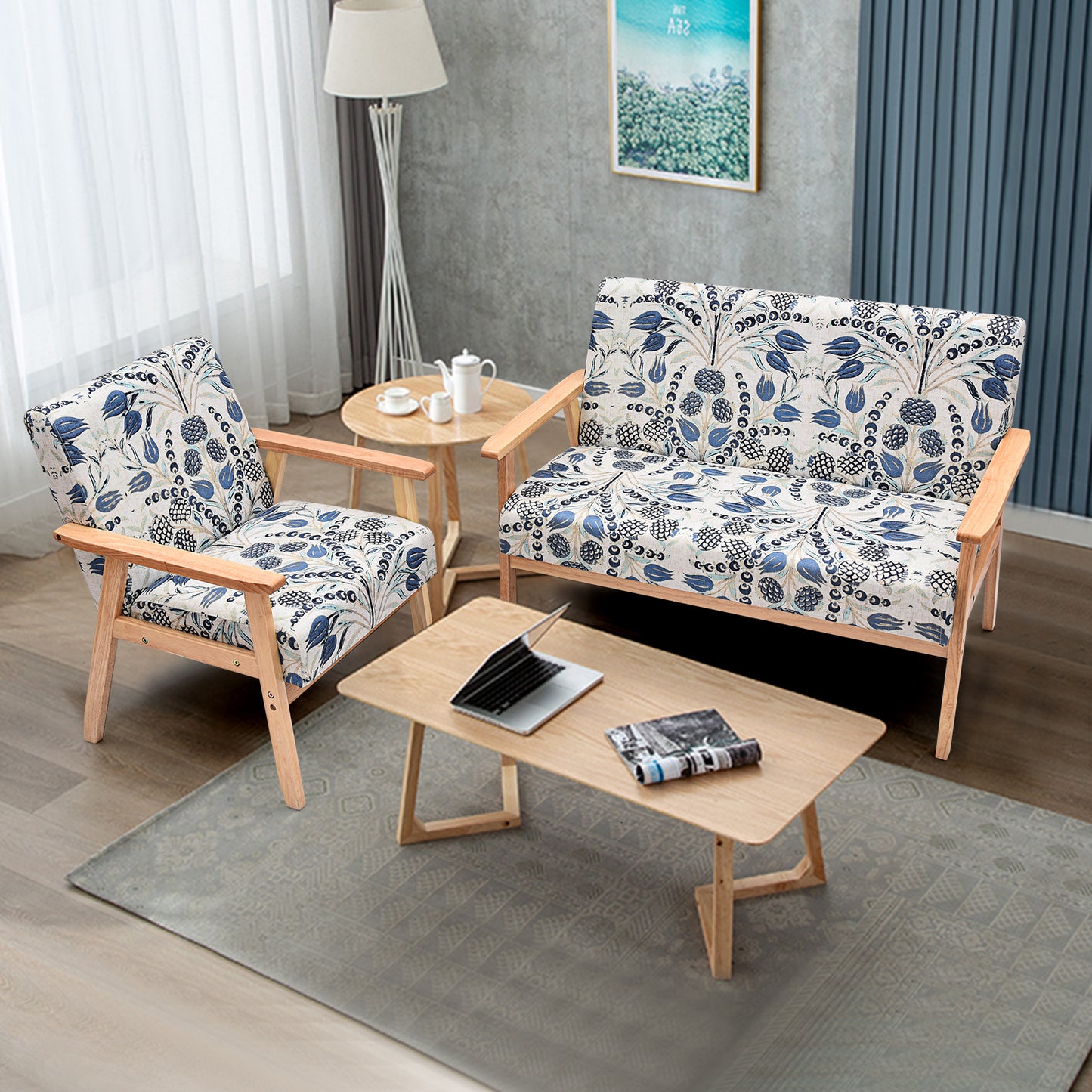 Topbuy 2 Piece Loveseat and Single Sofa Set Fabric Upholstered Couch & Accent Armchair White+Blue/Blue/Yellow Floral