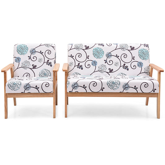 Topbuy 2 Piece Loveseat and Single Sofa Set Fabric Upholstered Couch & Accent Armchair White+Blue/Blue/Yellow Floral