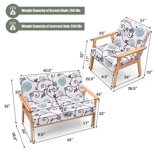 Topbuy 2 Piece Loveseat and Single Sofa Set Fabric Upholstered Couch & Accent Armchair White+Blue/Blue/Yellow Floral