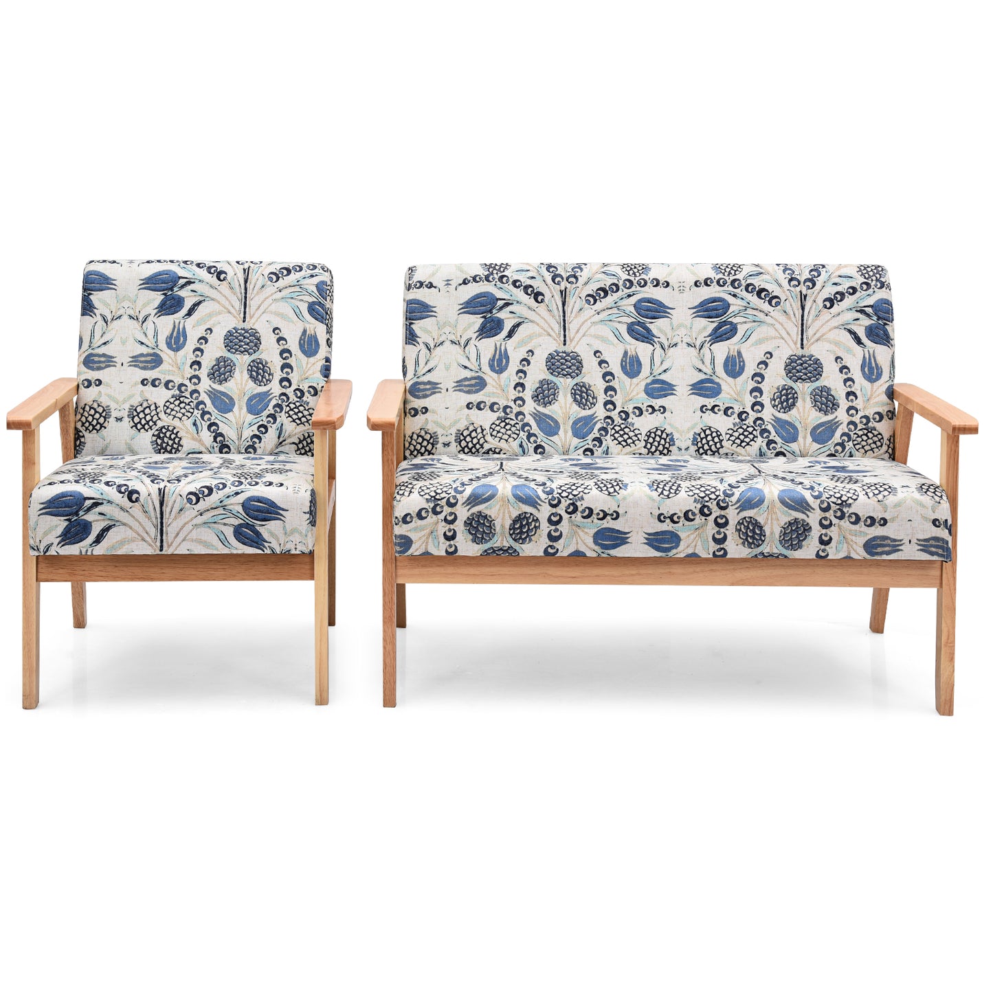 Topbuy 2 Piece Loveseat and Single Sofa Set Fabric Upholstered Couch & Accent Armchair White+Blue/Blue/Yellow Floral