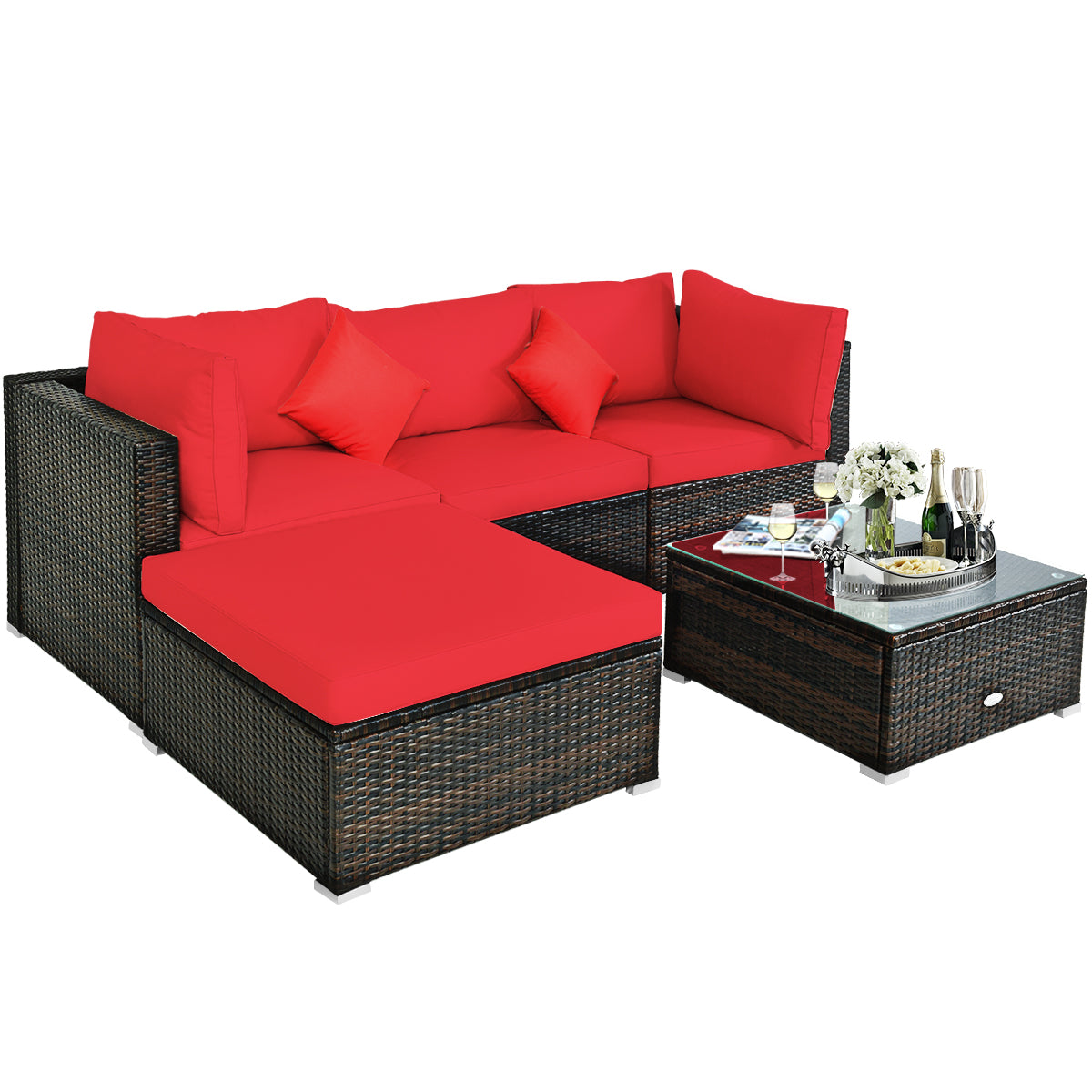 Patiojoy 4PCS/8PCS Outdoor Rattan Sectional Loveseat Couch Conversation Sofa Set with Storage Box&Coffee Table Navy/Red/Turquoise