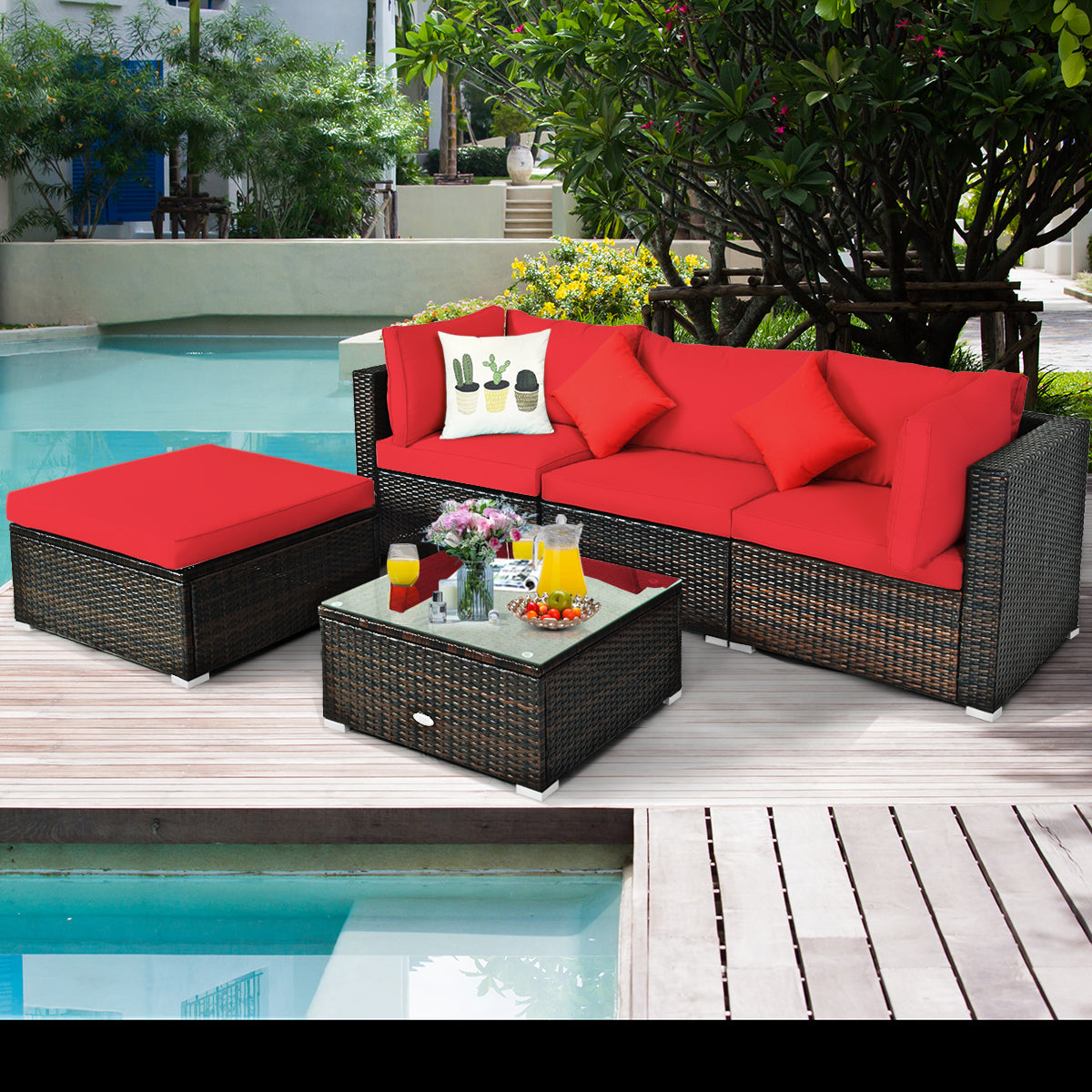 Patiojoy 4PCS/8PCS Outdoor Rattan Sectional Loveseat Couch Conversation Sofa Set with Storage Box&Coffee Table Navy/Red/Turquoise