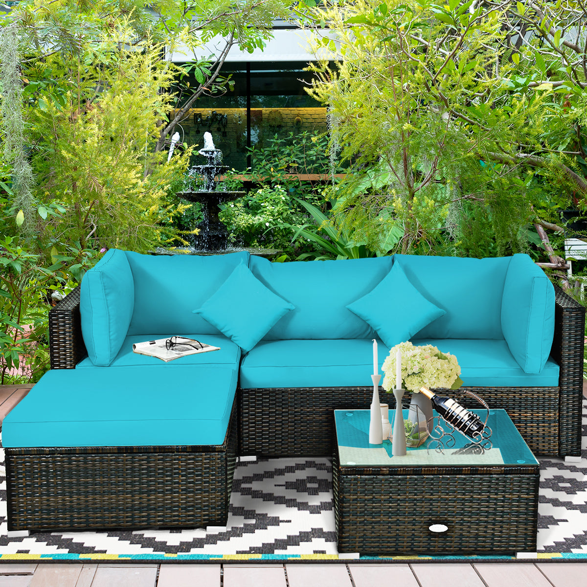 Patiojoy 4PCS/8PCS Outdoor Rattan Sectional Loveseat Couch Conversation Sofa Set with Storage Box&Coffee Table Navy/Red/Turquoise