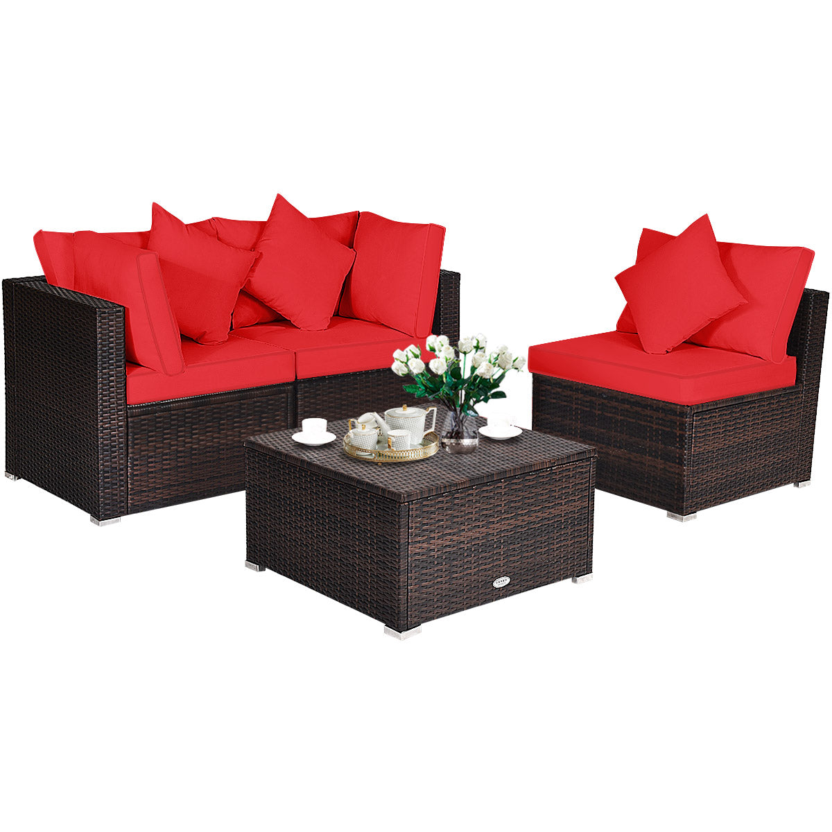 Patiojoy 4-Piece Outdoor Rattan Sofa Set Sectional Conversation Couch Ottoman Turquoise/Red