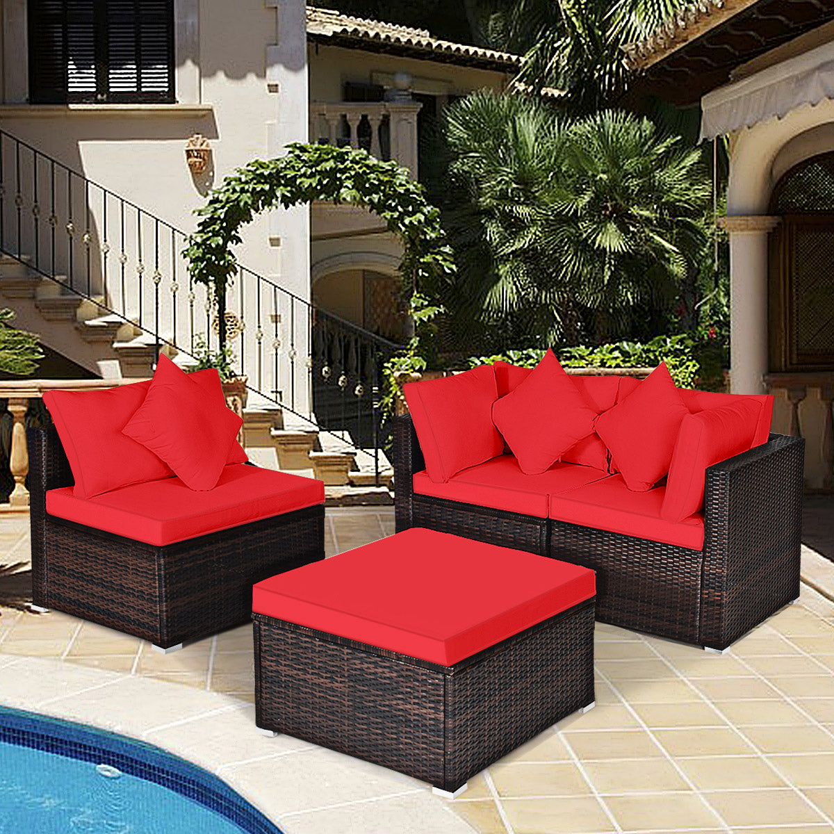 Patiojoy 4-Piece Outdoor Rattan Sofa Set Sectional Conversation Couch Ottoman Turquoise/Red