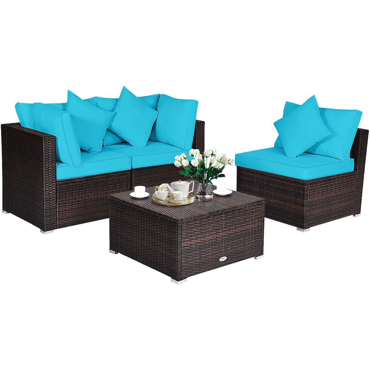 Patiojoy 4-Piece Outdoor Rattan Sofa Set Sectional Conversation Couch Ottoman Turquoise/Red