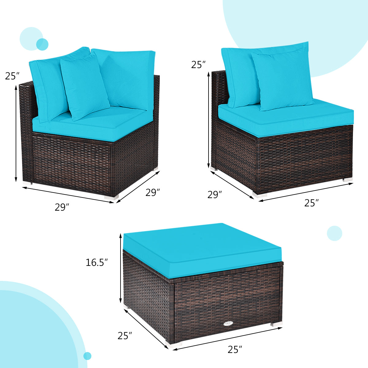 Patiojoy 4-Piece Outdoor Rattan Sofa Set Sectional Conversation Couch Ottoman Turquoise/Red