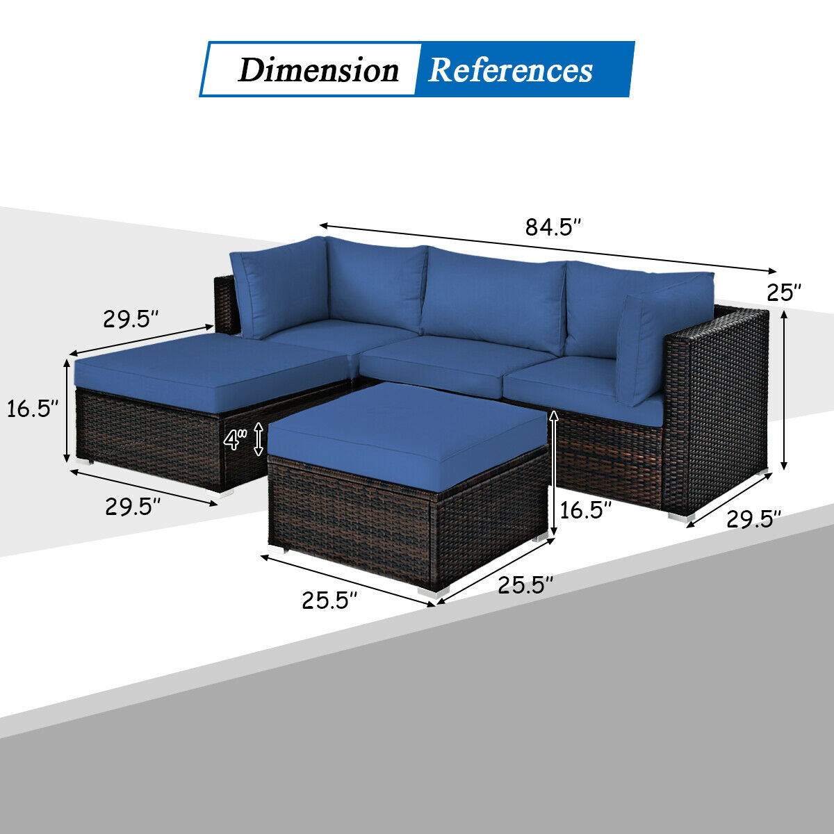 Patiojoy 5-Piece Outdoor Patio Sectional Rattan Wicker Conversation Sofa Set with Turquoise/Brown/Navy/Red Cushions