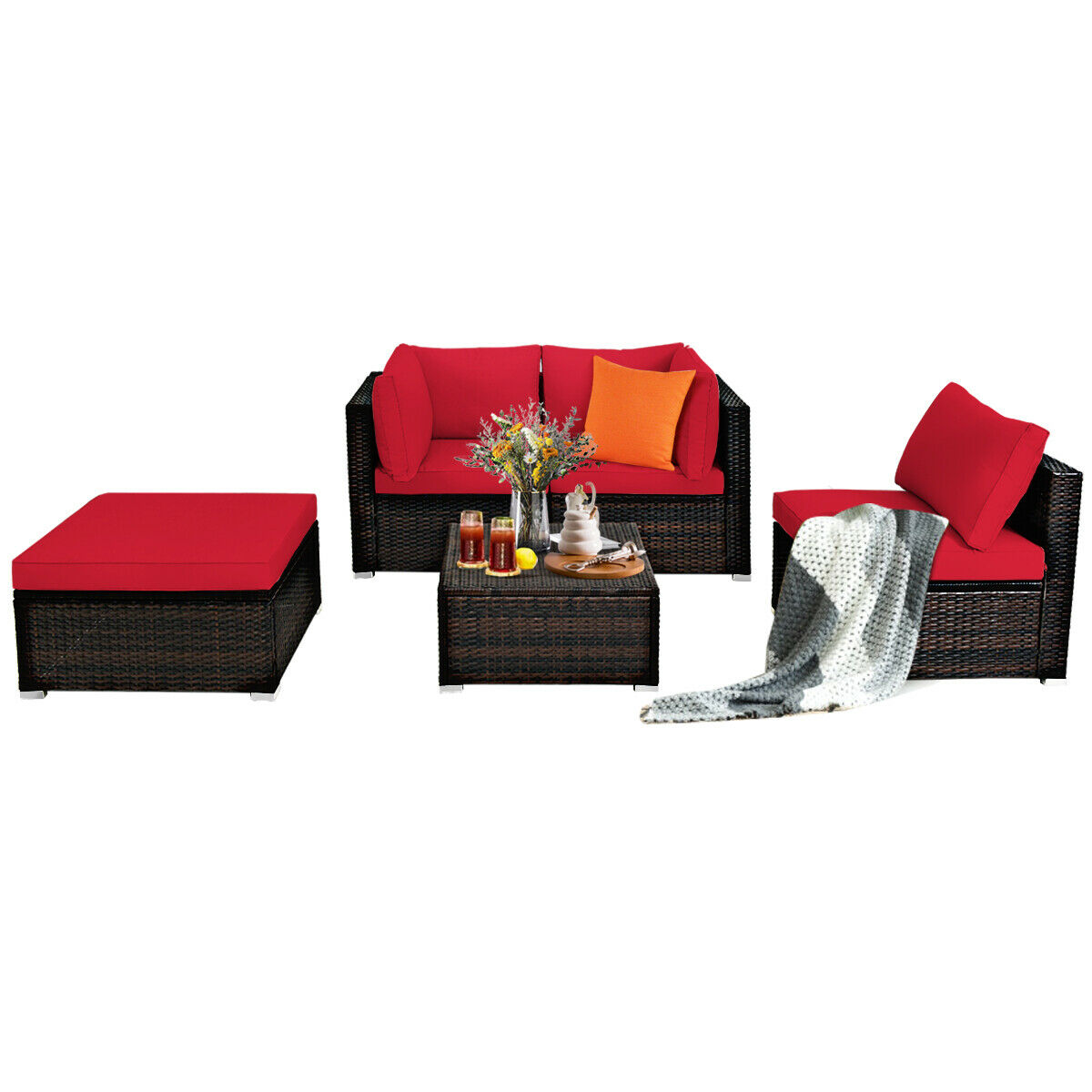 Patiojoy 5-Piece Outdoor Patio Sectional Rattan Wicker Conversation Sofa Set with Turquoise/Brown/Navy/Red Cushions