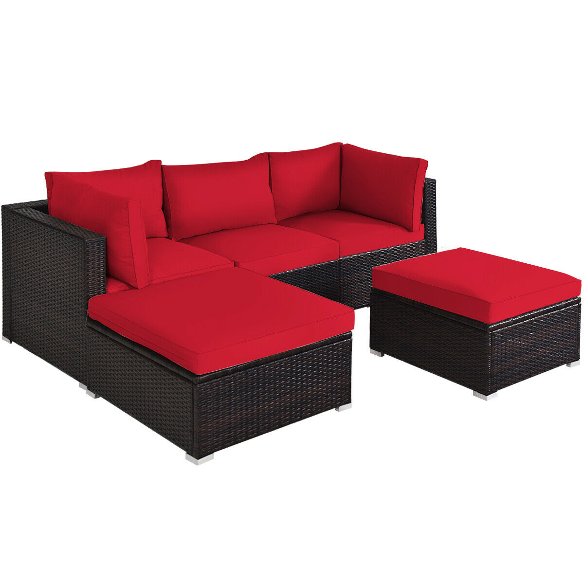 Patiojoy 5-Piece Outdoor Patio Sectional Rattan Wicker Conversation Sofa Set with Turquoise/Brown/Navy/Red Cushions