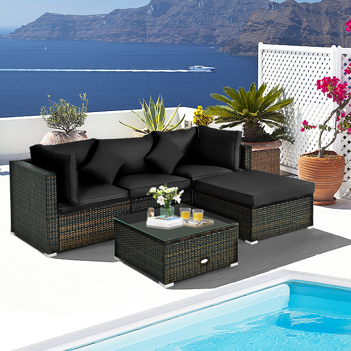 Patiojoy 5-Piece Outdoor Patio Sectional Rattan Wicker Sofa Set w/Cushion Navy/Turquoise/Black/Brown/Red