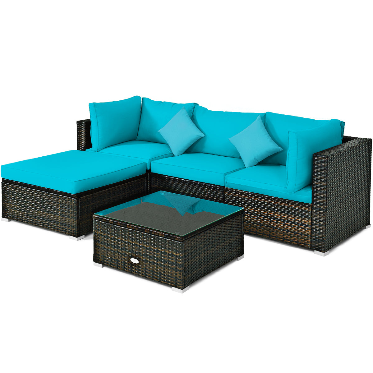 Patiojoy 5-Piece Outdoor Patio Sectional Rattan Wicker Sofa Set w/Cushion Navy/Turquoise/Black/Brown/Red