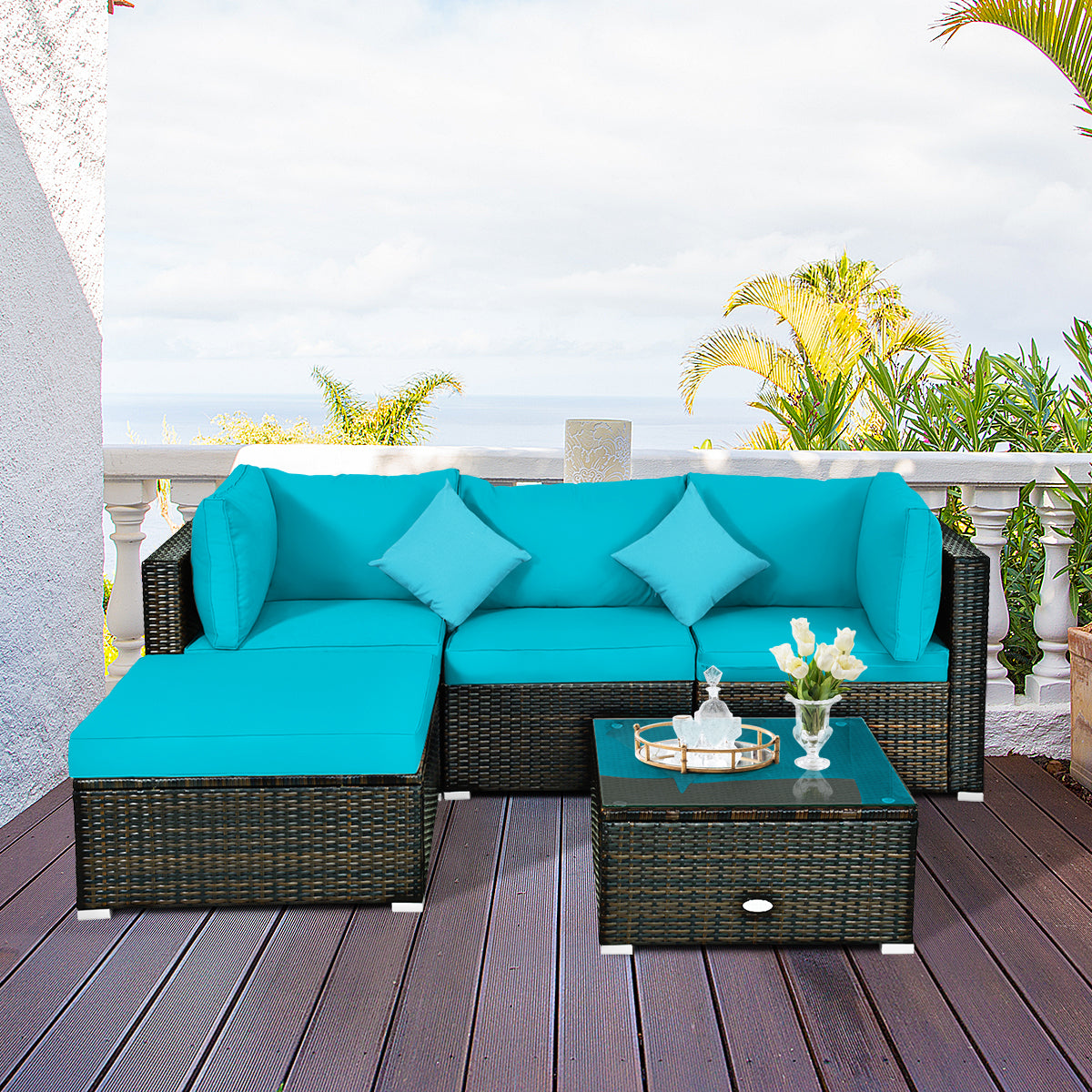 Patiojoy 5-Piece Outdoor Patio Sectional Rattan Wicker Sofa Set w/Cushion Navy/Turquoise/Black/Brown/Red