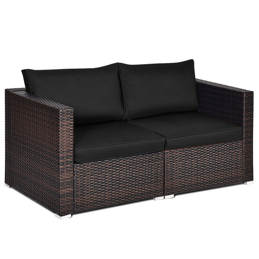 Patiojoy 2-Piece Patio Wicker Corner Sofa Set Rattan Loveseat with Removable Cushions Black/Red/Brown/Turquoise/Navy