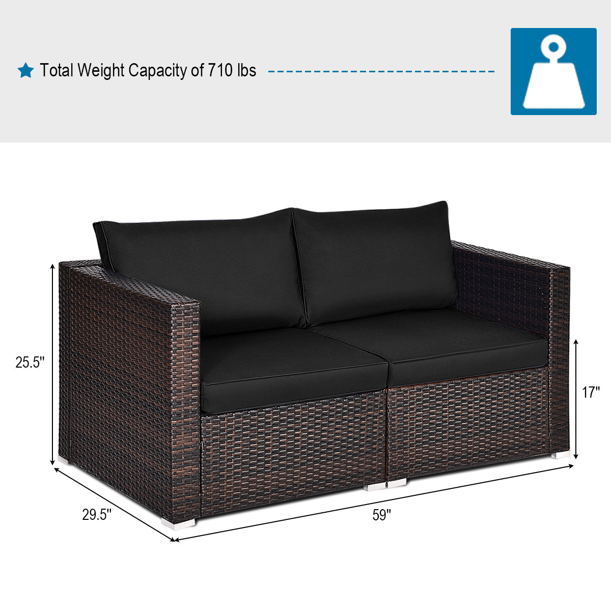 Patiojoy 2-Piece Patio Wicker Corner Sofa Set Rattan Loveseat with Removable Cushions Black/Red/Brown/Turquoise/Navy