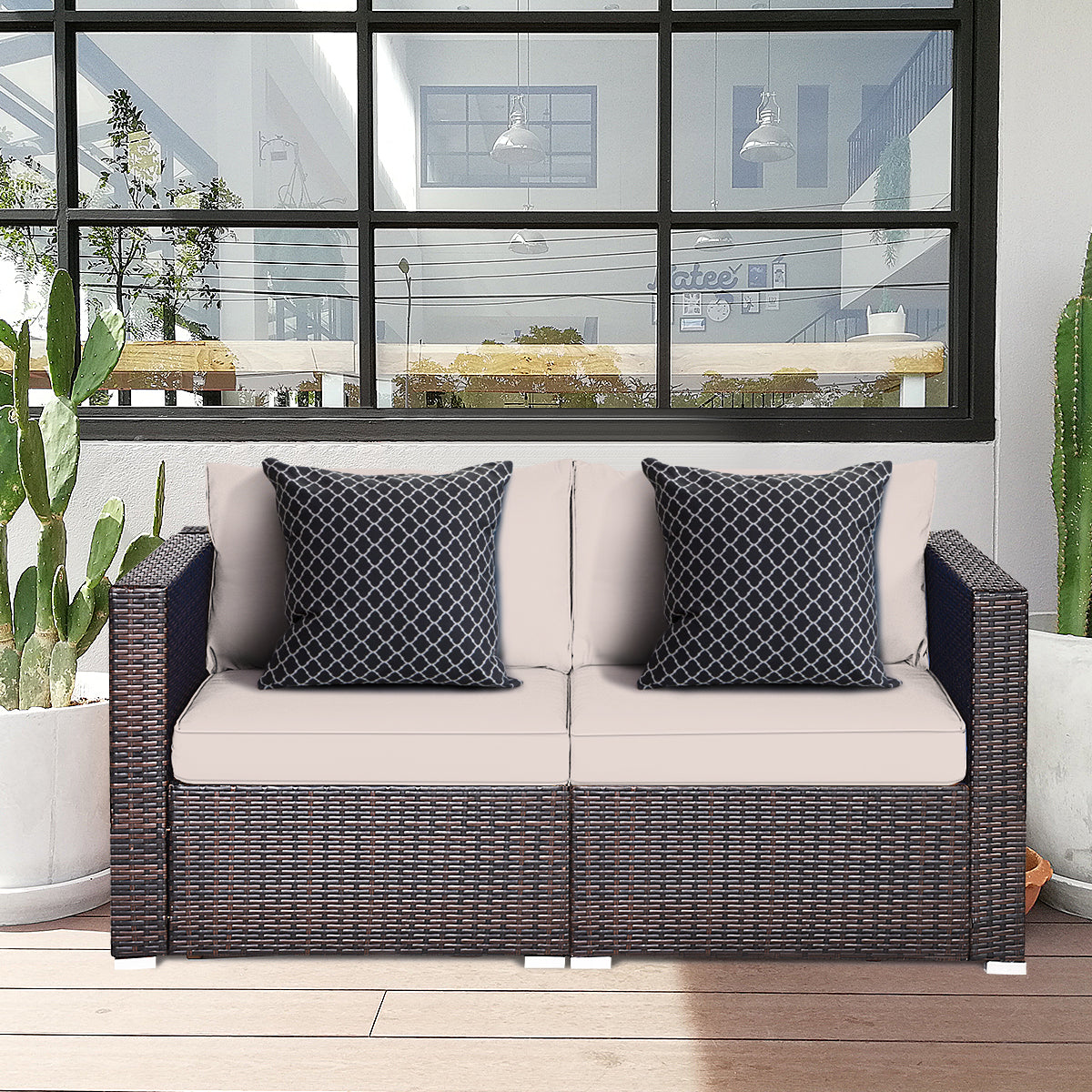 Patiojoy 2-Piece Patio Wicker Corner Sofa Set Rattan Loveseat with Removable Cushions Black/Red/Brown/Turquoise/Navy