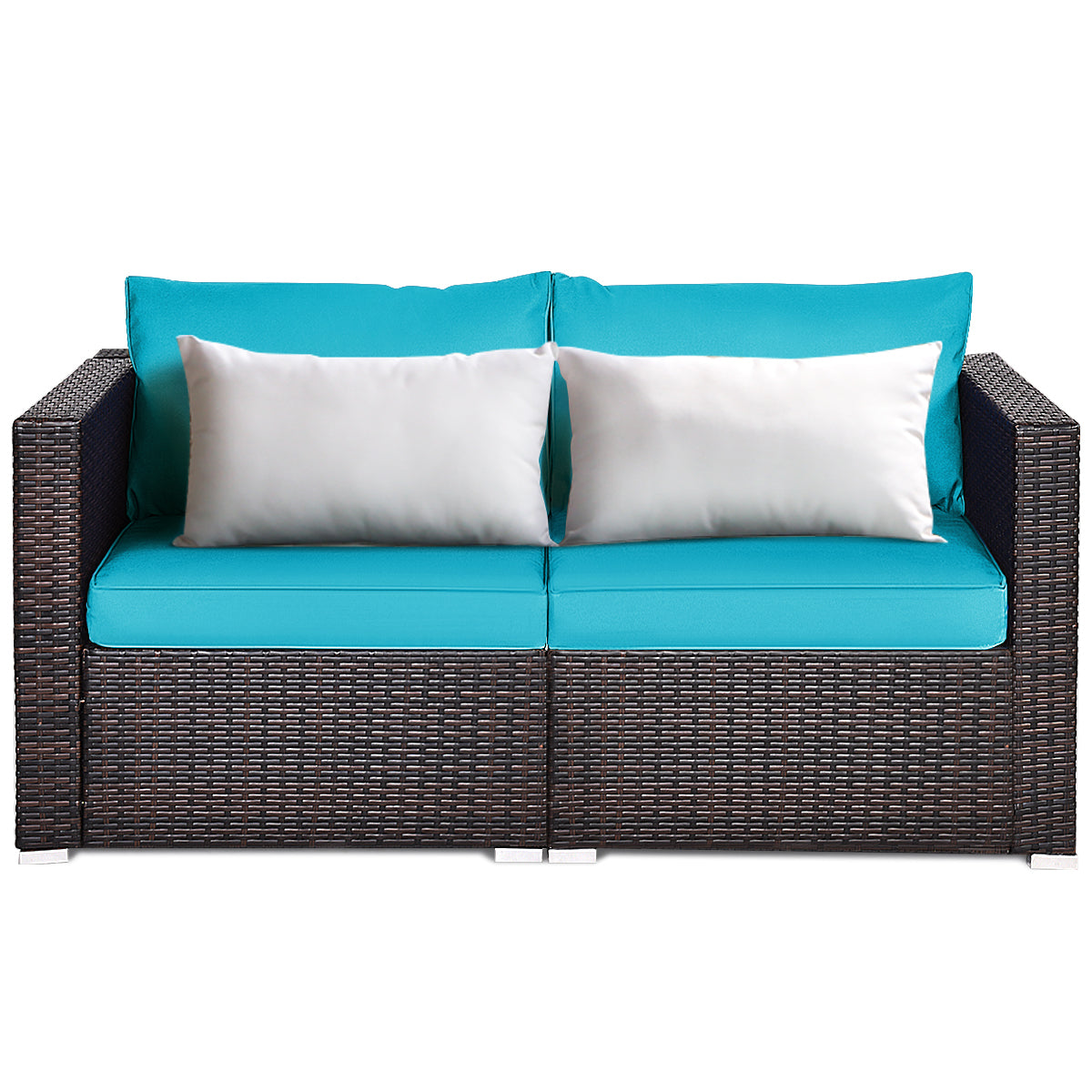 Patiojoy 2-Piece Patio Wicker Corner Sofa Set Rattan Loveseat with Removable Cushions Black/Red/Brown/Turquoise/Navy