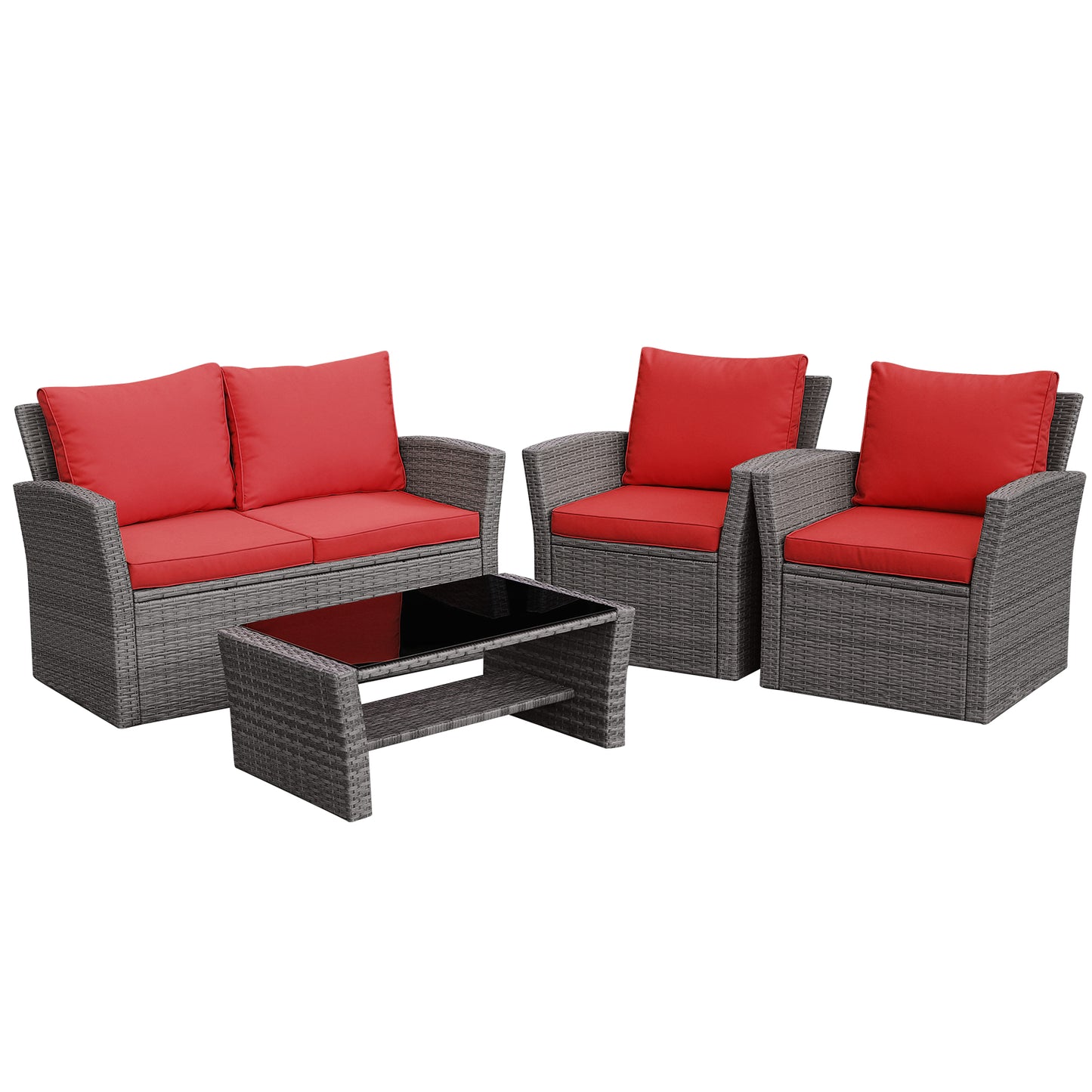 Patiojoy 4-Piece Rattan Wicker Patio Outdoor Furniture Sofa Set with Cushions & Tempered Glass Table Khaki/Black/Grey/Red/Turquoise