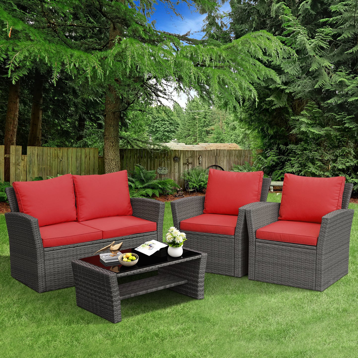 Patiojoy 4-Piece Rattan Wicker Patio Outdoor Furniture Sofa Set with Cushions & Tempered Glass Table Khaki/Black/Grey/Red/Turquoise