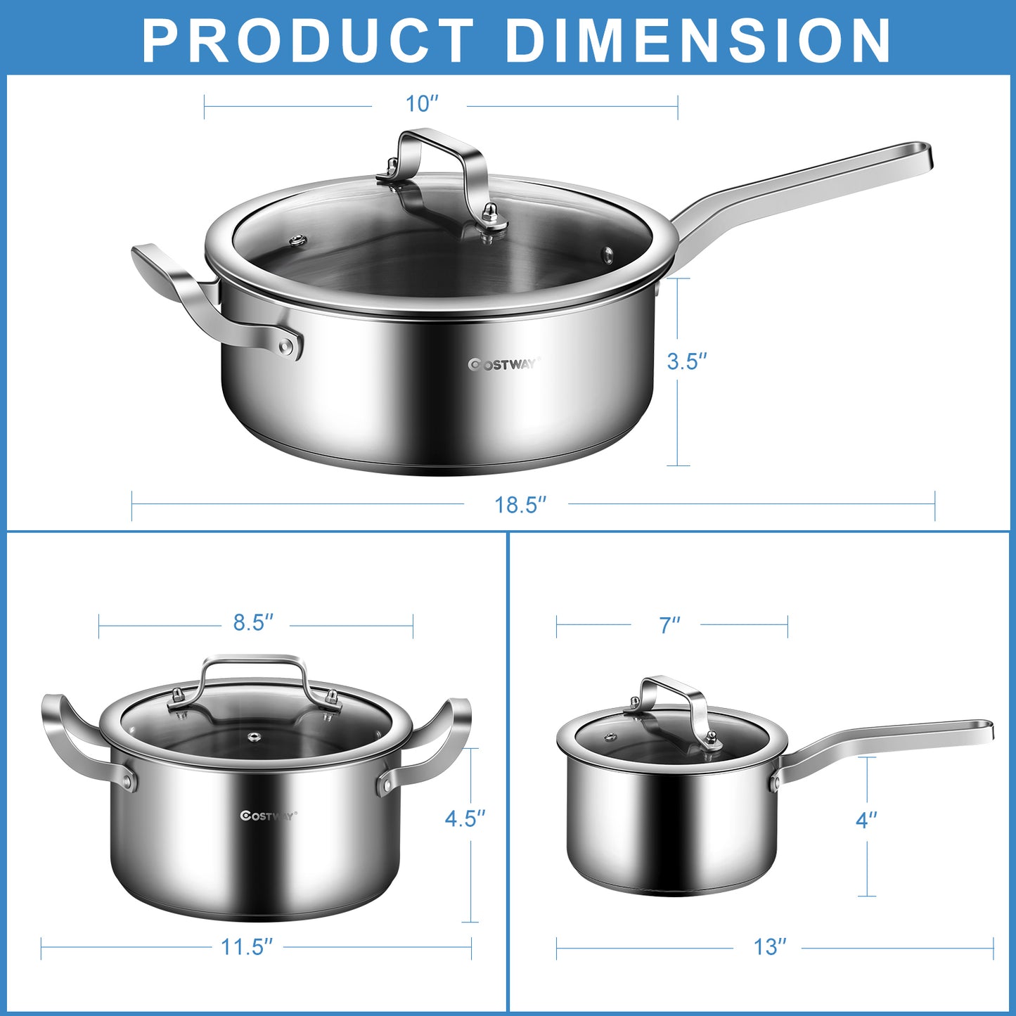 Stainless Steel 6-Piece Cookware Set with Tempered Glass Lid Silver