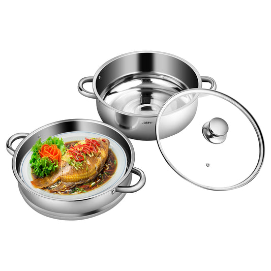 2 PCS Stainless Steel Steamer Pot Set Cookware W/ Tempered Glass Lid