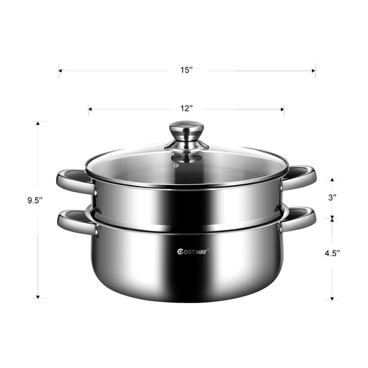 2 PCS Stainless Steel Steamer Pot Set Cookware W/ Tempered Glass Lid