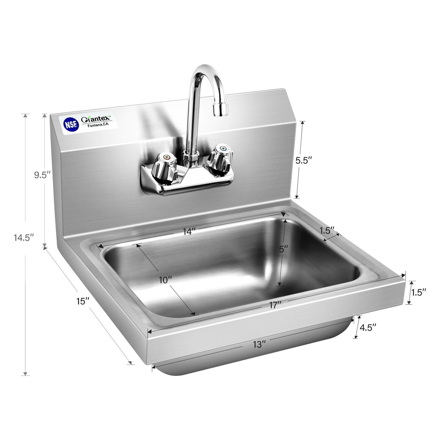 Topbuy Stainless Steel Sink NSF Wall Mount Hand Washing Sink with Faucet & Back Splash