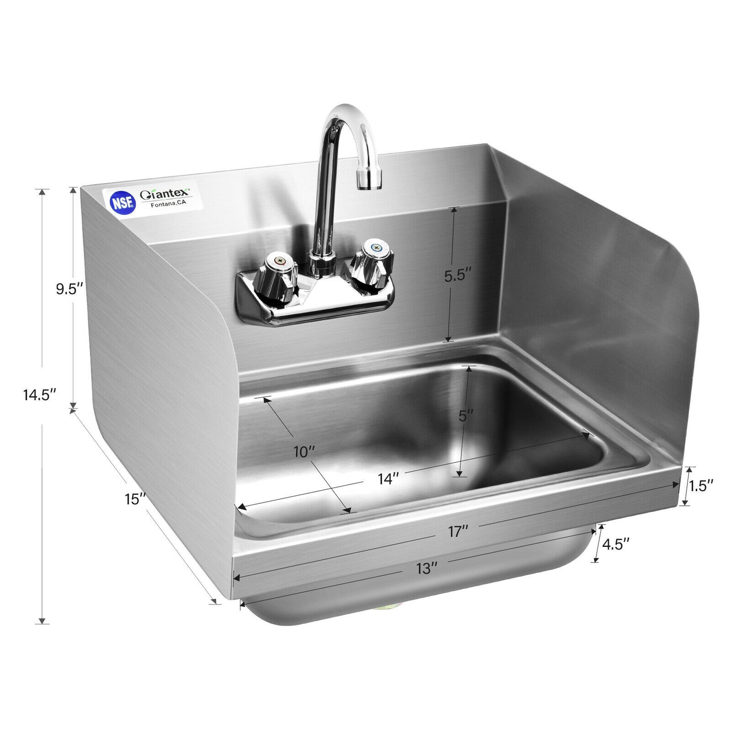 Topbuy Stainless Steel Sink NSF Wall Mount Hand Washing Sink with Faucet & Side Splash