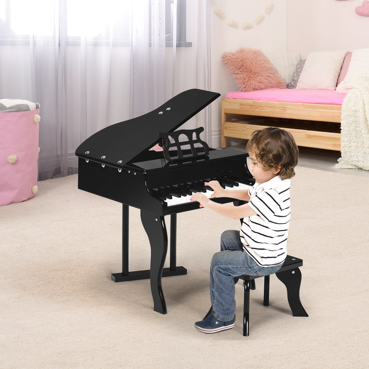 Topbuy 19.5'' Classical Kids Piano 30 Keys Wood Toy Mini Grand Piano with Bench Black/Pink