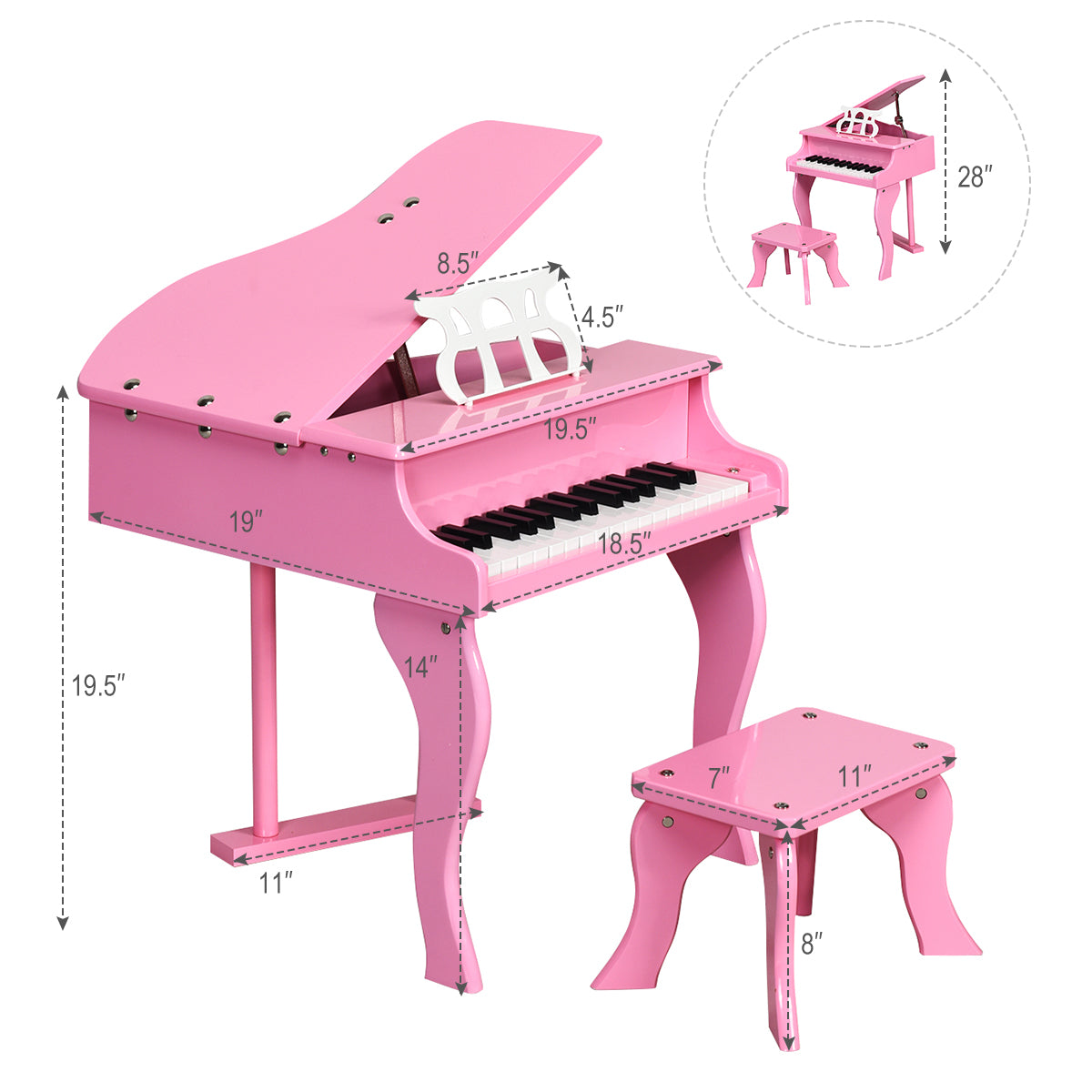 Topbuy 19.5'' Classical Kids Piano 30 Keys Wood Toy Mini Grand Piano with Bench Black/Pink