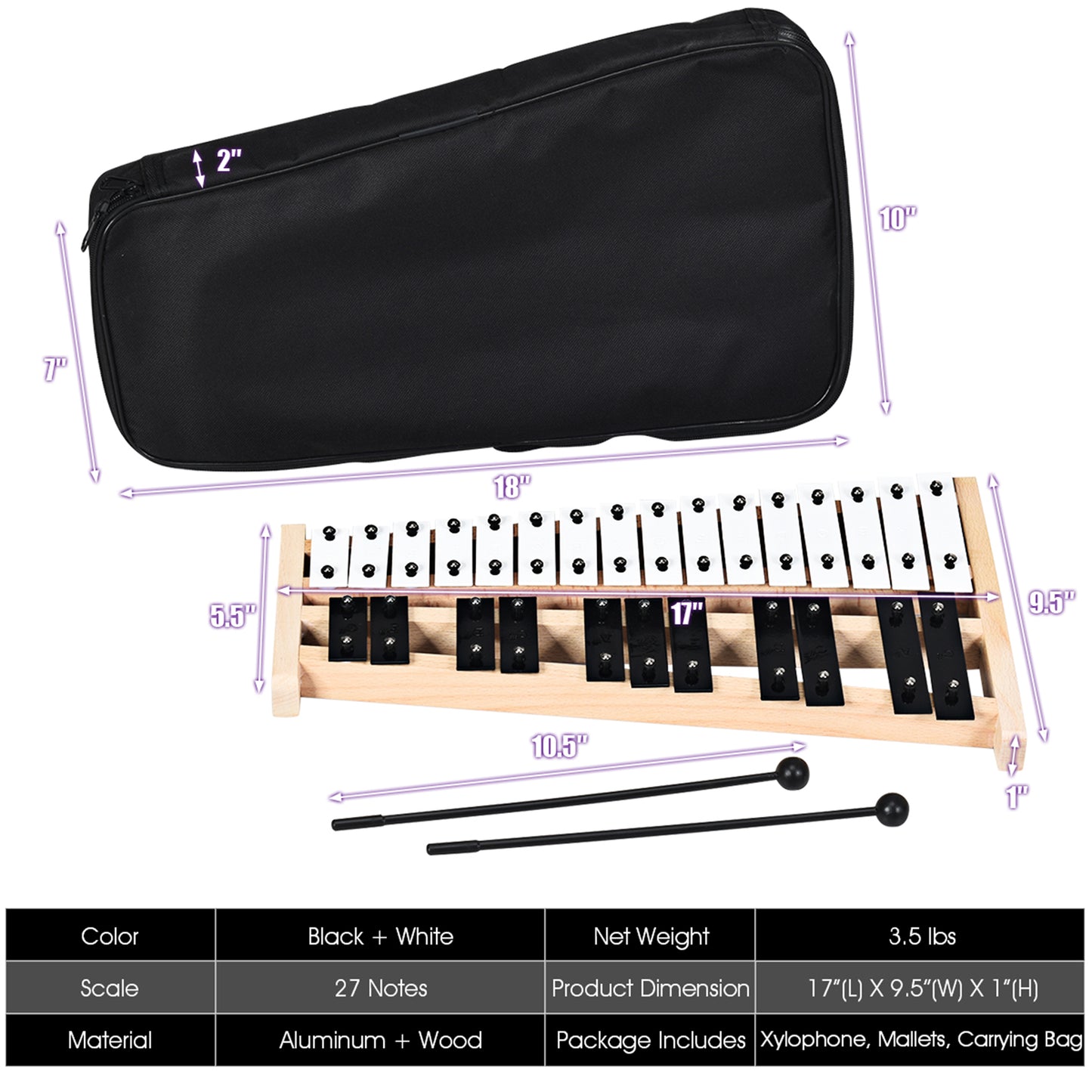 Topbuy 27-Note Foldable Glockenspiel Xylophone Instrument with 2 Rubber Mallets