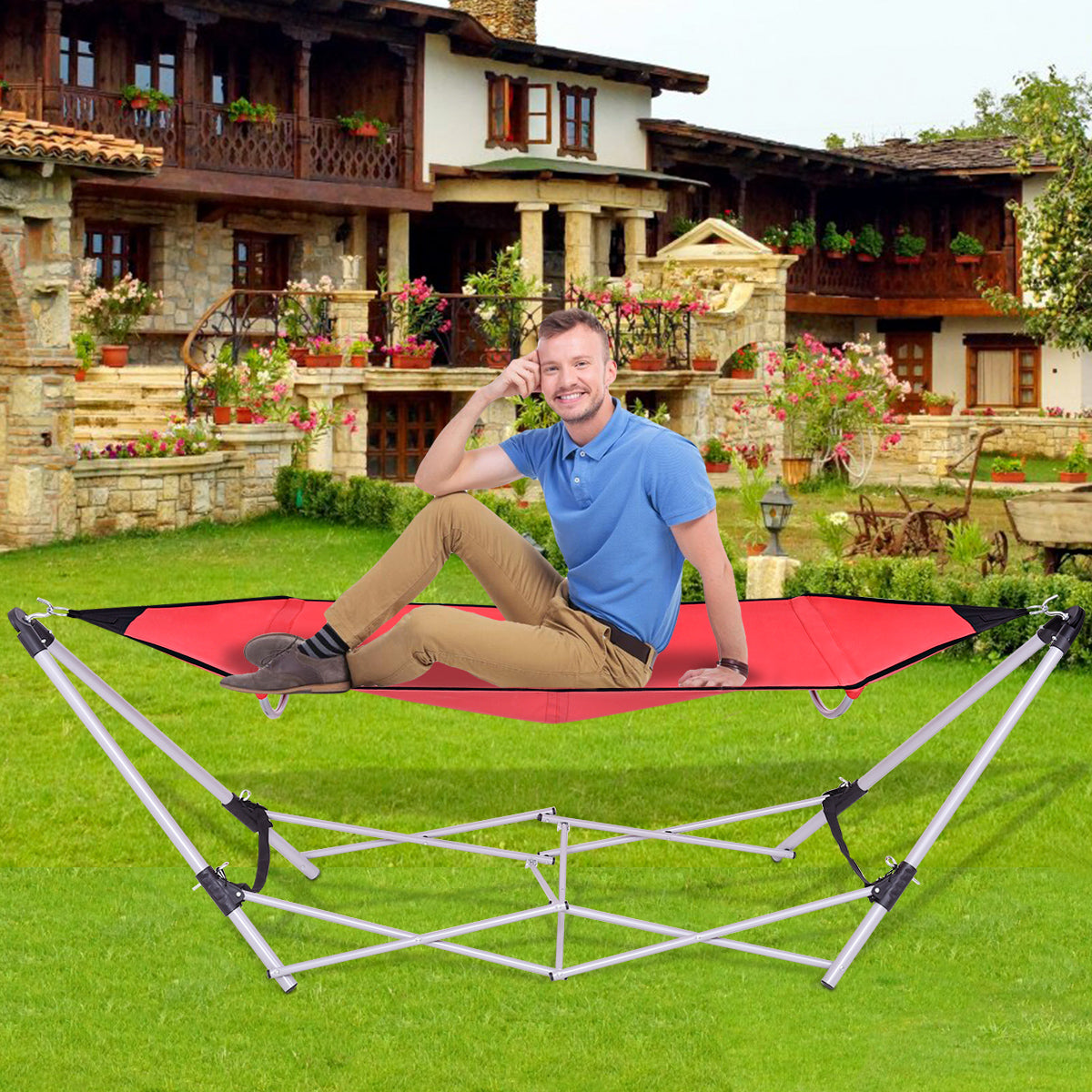 Topbuy Outdoor Portable Folding Hammock with Free standing Frame& Carry Bag Blue/Black/Red