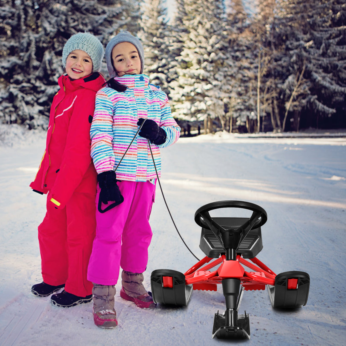 Topbuy Snow Racer Ski Sled w/ Double Brakes &Pull Rope for Kids