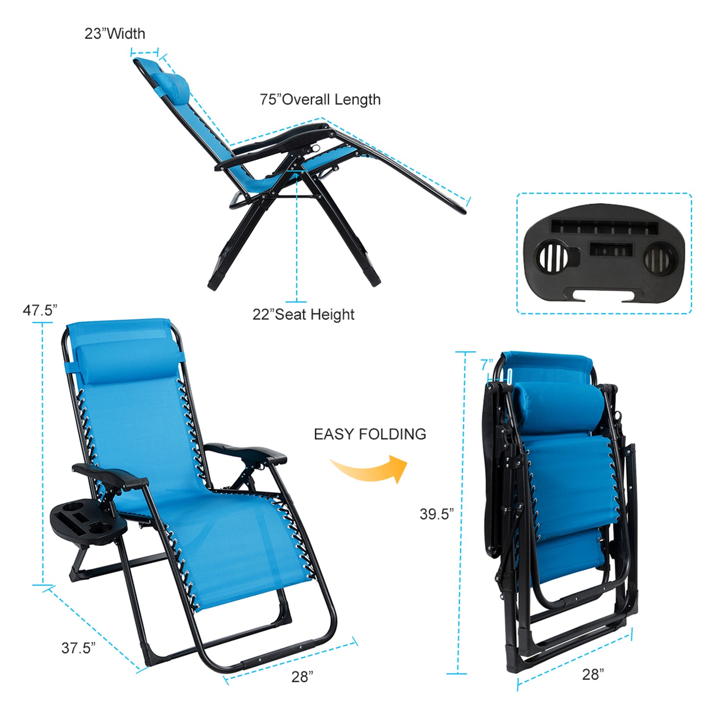 Topbuy Oversized Zero Gravity Lounge Chair Folding Recliner w/ Cup Holder & Pillow Blue