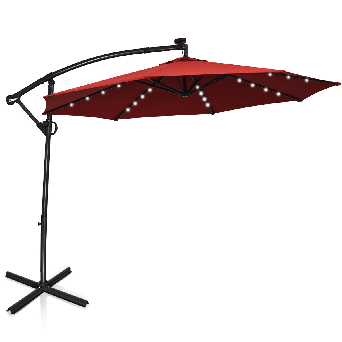 Topbuy Aluminum Patio Hanging Umbrella Solar Powered Offset Umbrella With Cross Base & Pole Burgundy/Orange/Coffee